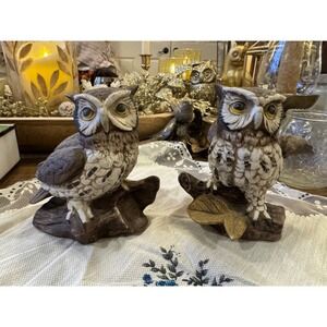 Vintage Homco Owl Figurines Set of 2 Brown White Woodland Bird Decor Statues
